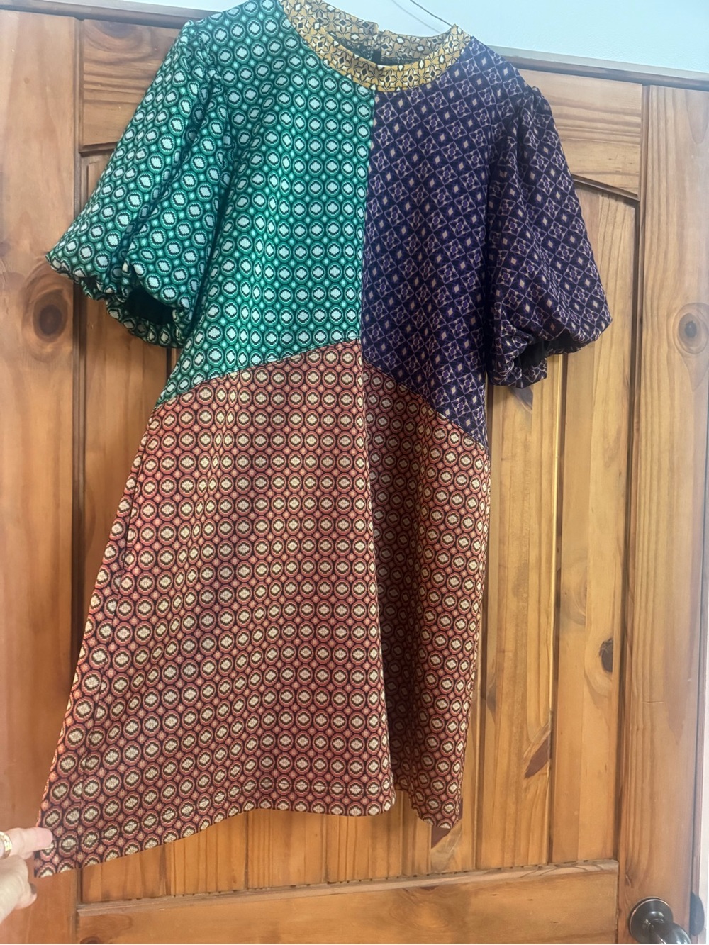 Uncle Frank Patchwork Midi Dress in Green, Purple, Rust with Gold Trim